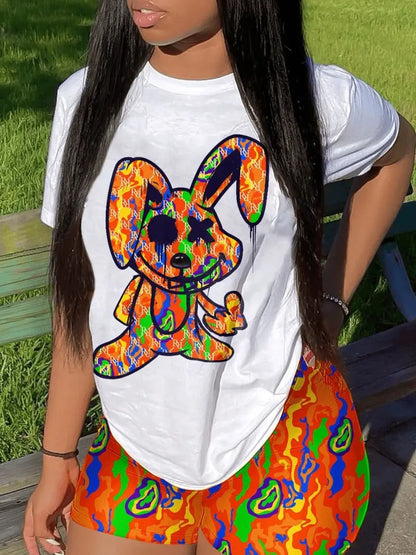 Conjunto informal de camiseta y pantalones cortos de manga corta para mujer, blusa y pantalones con estampado de dibujos animados y cuello redondo, conjunto de dos piezas para oficina