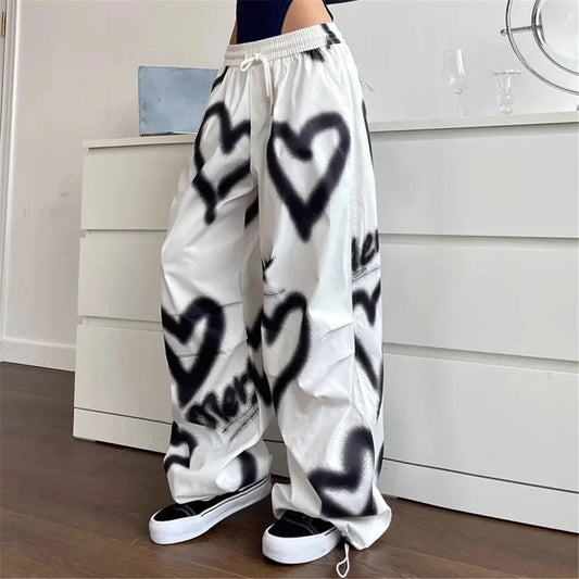 Pantalones de pierna ancha Love  para mujer , ropa de calle elástica de cintura alta, pantalones holgados pantalones de chándal informales