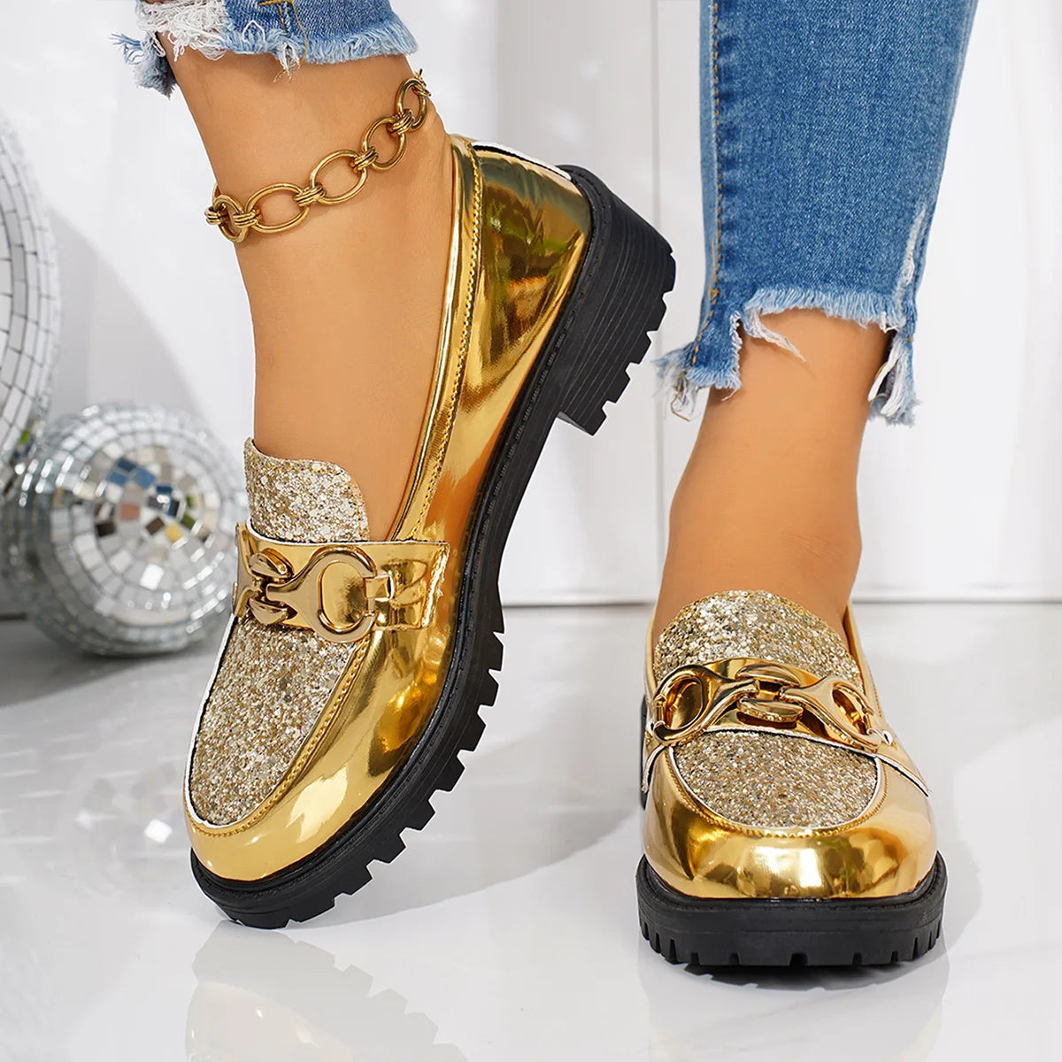 Mocasines sin cordones con hebilla de Metal y tacón medio con punta redonda para mujer