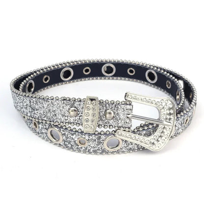 Cinturón de piel sintética con estampado sólido y tachuelas para mujer, con cristales brillantes