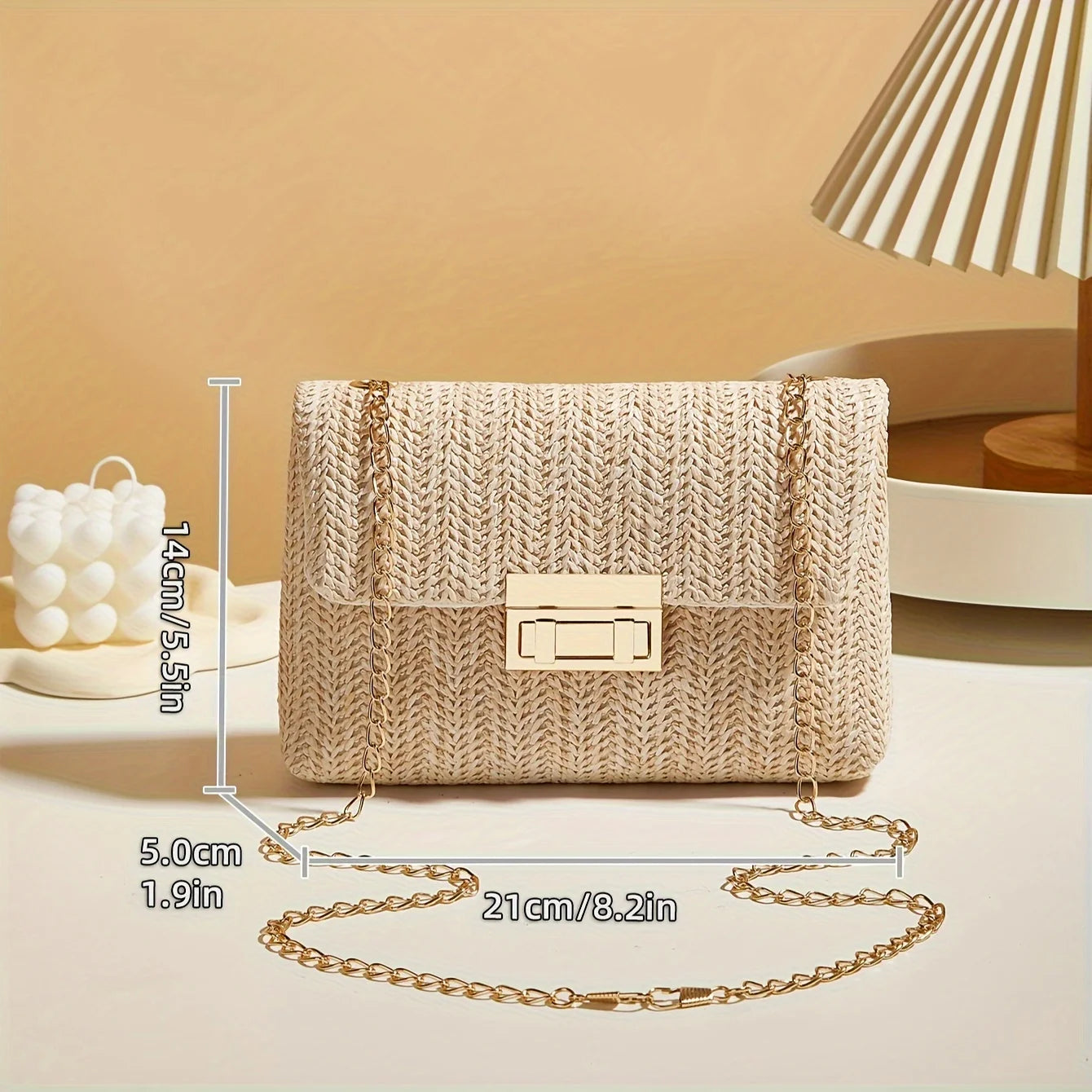Bolso de hombro tejido a mano de paja para mujer, bolso cruzado de color sólido de moda con cierre de cerradura