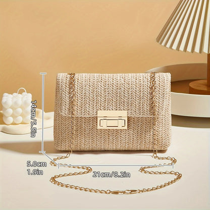 Bolso de hombro tejido a mano de paja para mujer, bolso cruzado de color sólido de moda con cierre de cerradura