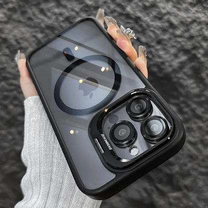 Funda magnética de lujo a prueba de golpes para iPhone 15, 14, 13, 12, 11, 16 Pro Max, 16 Plus, 16E, con soporte y protección de lente de cristal