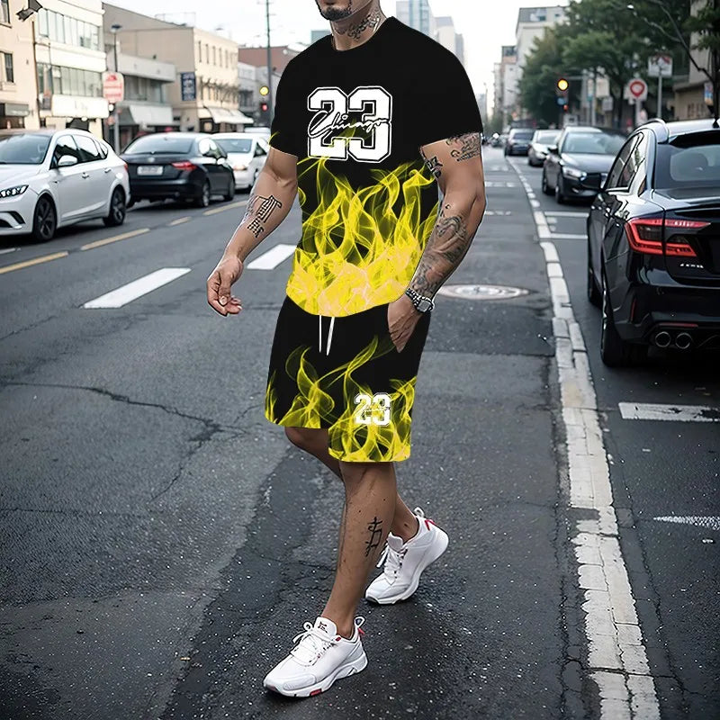 Conjunto de camiseta con estampado para hombre, pantalones cortos con estampado creativo