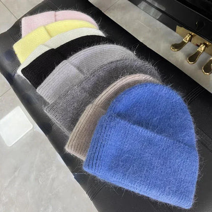 Gorro de punto de Angora para mujer, gorros de punto esponjosos de piel de conejo, gorro de lujo de Corea para mujer