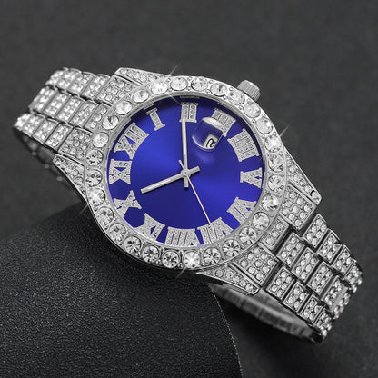 Reloj de pulsera de cuarzo para hombre, de acero inoxidable, con diamantes, calendario y fecha.