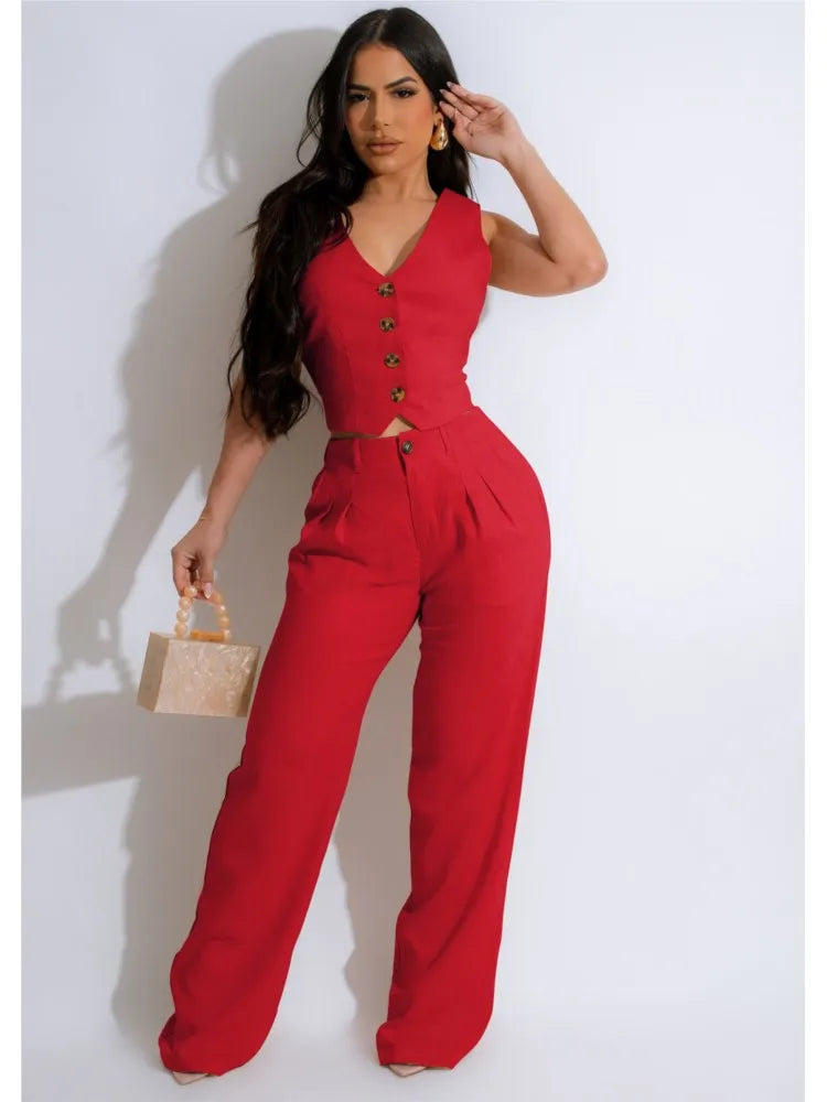 Women 2 Piece Set Sleeveless Vest and Skinny Pants Suit Solid Color V Neck Ultra Crop Top and Pants Office Lady