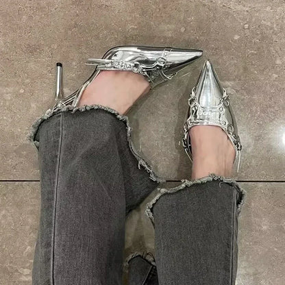 Sandalias de tacón alto plateadas para mujer, zapatos de fiesta Punk Goth con punta estrecha