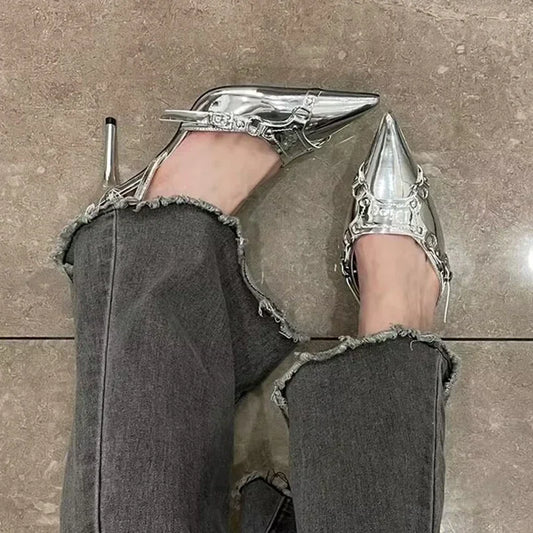 Sandalias de tacón alto plateadas para mujer, zapatos de fiesta Punk Goth con punta estrecha