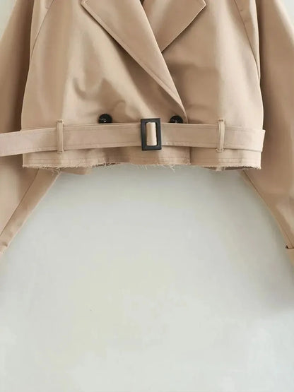 Gabardina recortada con cinturón para mujer, chaqueta de primavera, ropa de calle Vintage, Top de manga larga con doble botonadura, trajes de abrigo para mujer