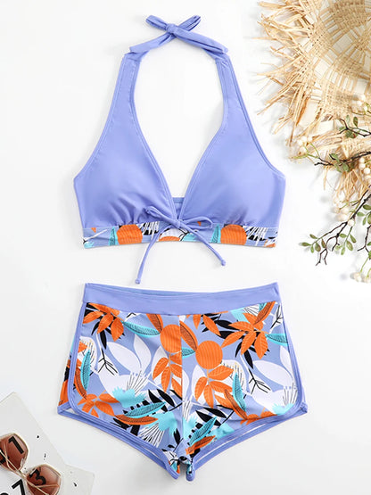 Conjunto de bikini estilo halter 2025, traje de baño corto de cintura alta para mujer, bañador estampado para mujer, traje de baño para playa