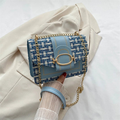 Bolso de hombro con cadena de metal a cuadros, con hebilla de candado para mujer, bandolera cuadrada pequeña para mujer
