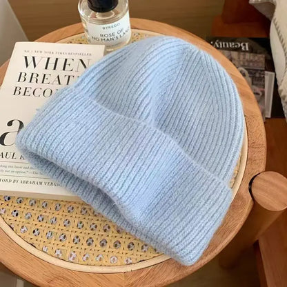 Gorro de punto de Angora para mujer, gorros de punto esponjosos de piel de conejo, gorro de lujo de Corea para mujer