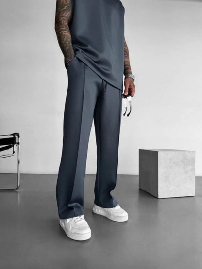 Pantalones casuales nuevos para hombre, elegantes y cómodos, con cintura elástica y cordón ajustable, de una sola línea, plisados, de color sólido, con bolsillos, pantalones de fregona