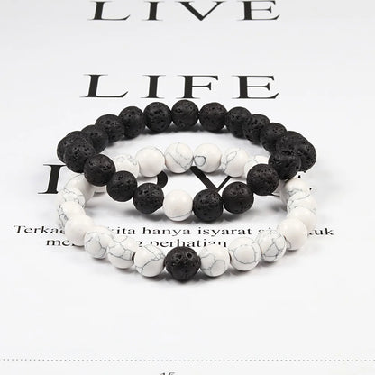 Ensemble de bracelets de couple à distance en pierre de lave naturelle noire et blanche, bracelets de yoga en perles d'œil de tigre pour hommes et femmes, bijoux en corde élastique 