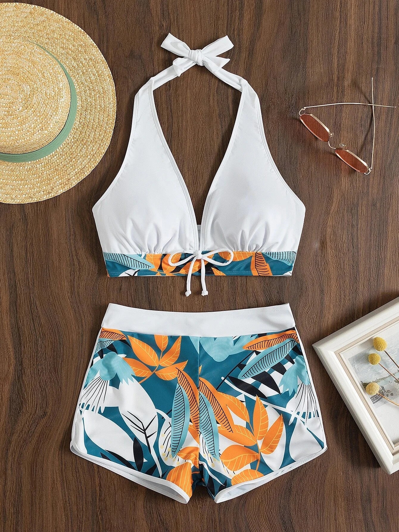 Conjunto de bikini estilo halter 2025, traje de baño corto de cintura alta para mujer, bañador estampado para mujer, traje de baño para playa