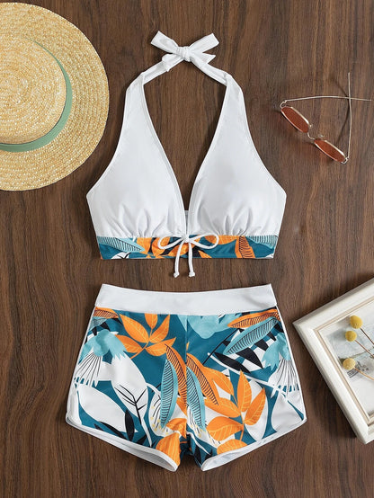 Conjunto de bikini estilo halter 2025, traje de baño corto de cintura alta para mujer, bañador estampado para mujer, traje de baño para playa