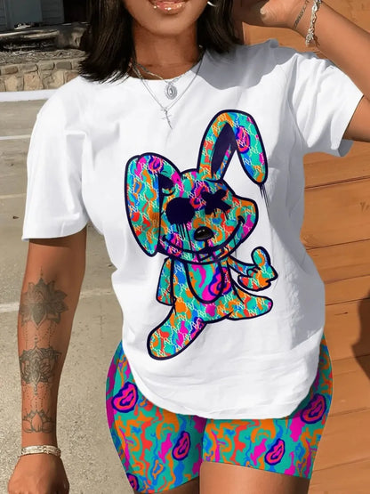 Conjunto informal de camiseta y pantalones cortos de manga corta para mujer, blusa y pantalones con estampado de dibujos animados y cuello redondo, conjunto de dos piezas para oficina