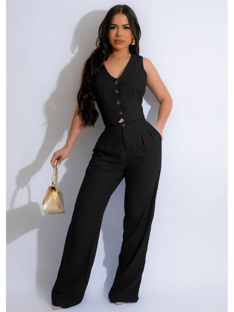 Women 2 Piece Set Sleeveless Vest and Skinny Pants Suit Solid Color V Neck Ultra Crop Top and Pants Office Lady
