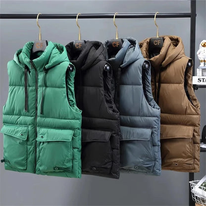 Chaleco con capucha para hombre, chaleco cálido con cuello levantado y cremallera para invierno, chaquetas sin mangas acolchadas de algodón con bolsillos grandes