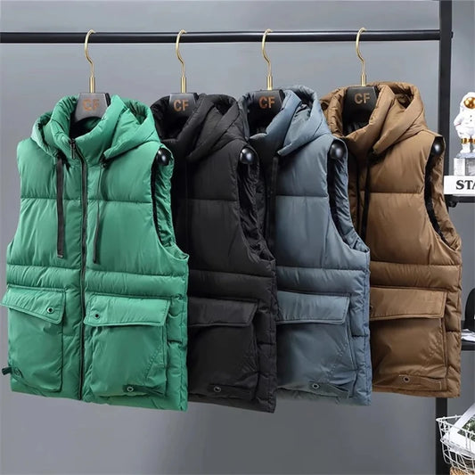 Chaleco con capucha para hombre, chaleco cálido con cuello levantado y cremallera para invierno, chaquetas sin mangas acolchadas de algodón con bolsillos grandes