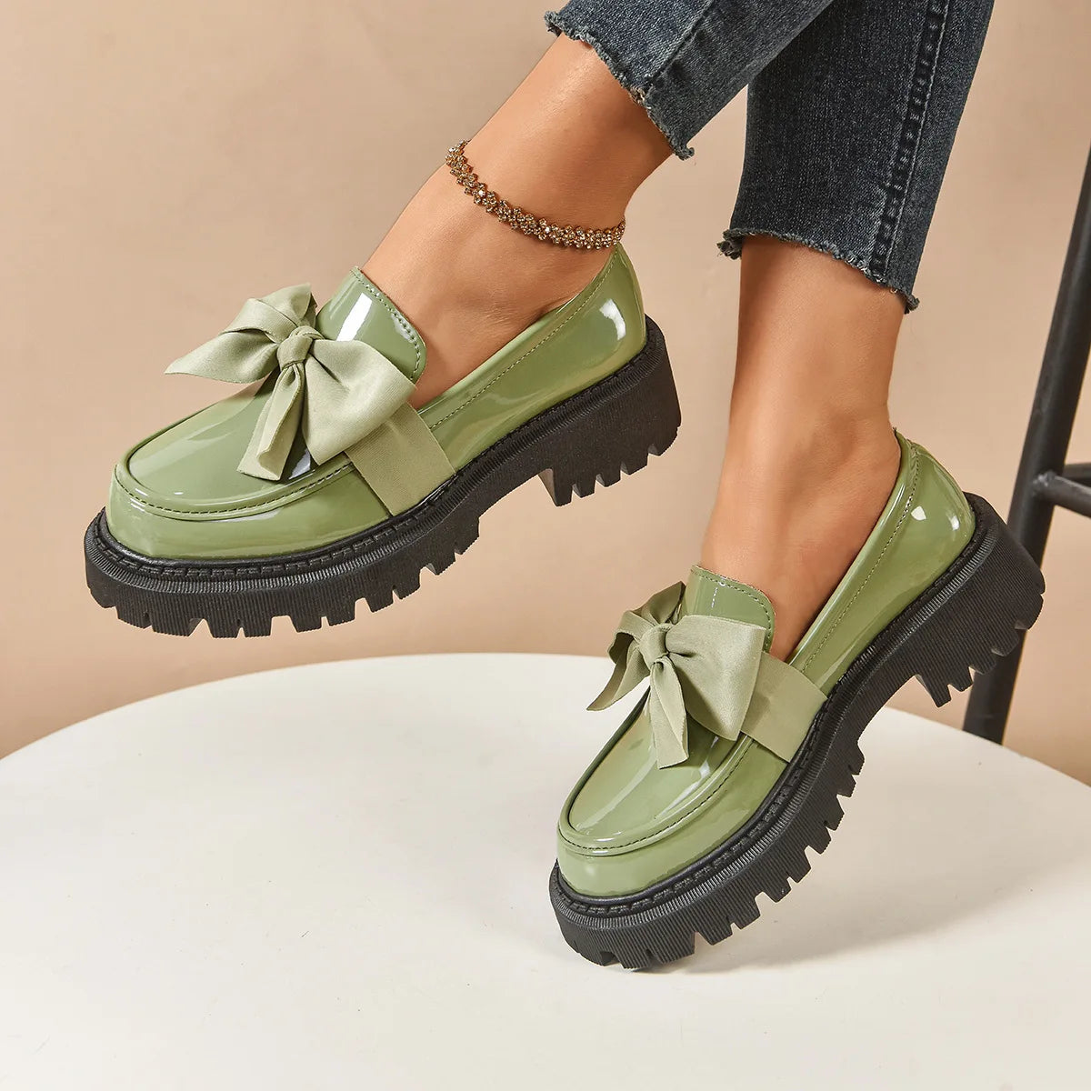 Zapatos planos con nudo de mariposa para mujer, tacón medio, parte inferior gruesa