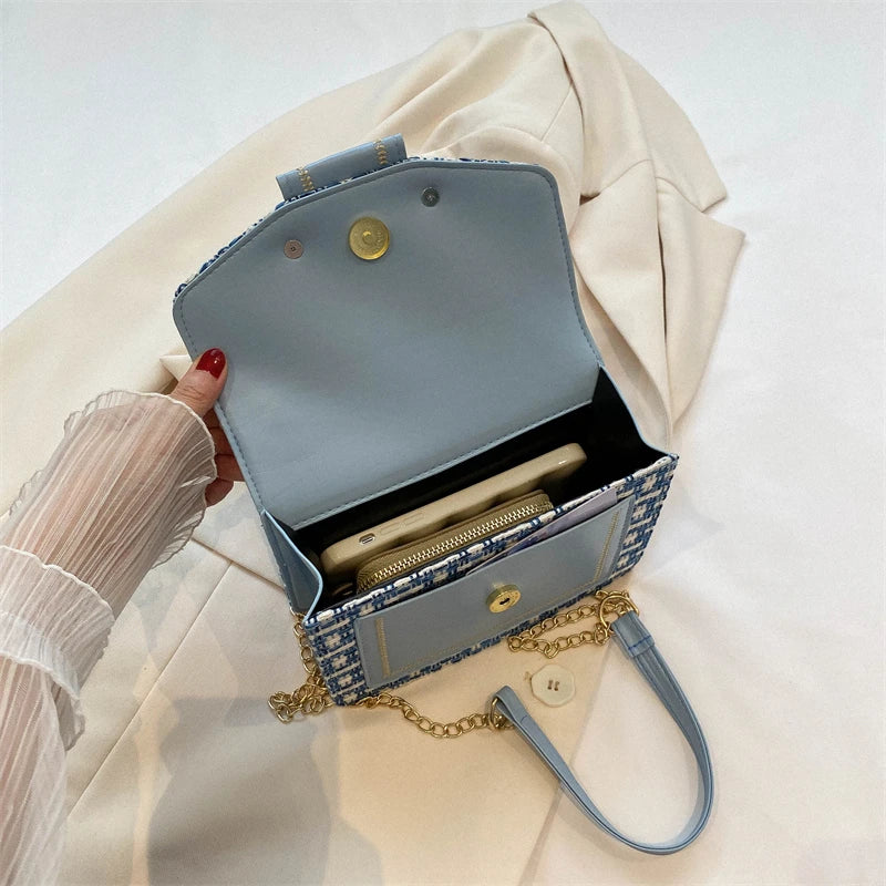 Bolso de hombro con cadena de metal a cuadros, con hebilla de candado para mujer, bandolera cuadrada pequeña para mujer