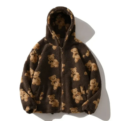 Chaqueta de felpa con estampado en forma de corazón Harajuku para mujer, abrigo coreano de manga larga con capucha, ropa de calle gruesa y cálida para parejas, invierno