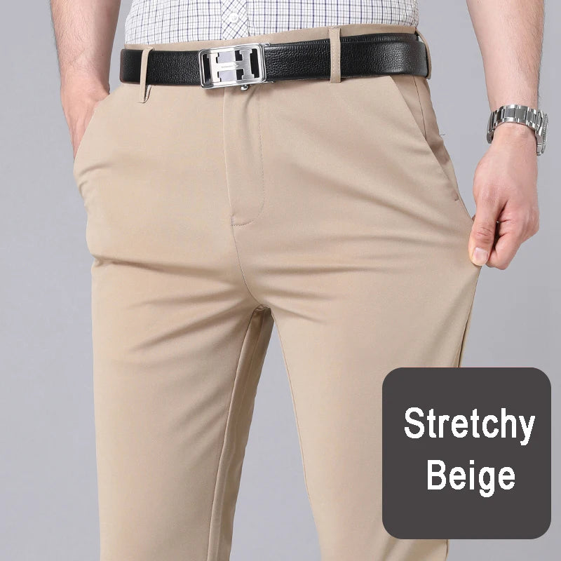 Pantalones casuales elegantes para hombre, elásticos, deportivos, de secado rápido, para primavera y otoño, rectos, de oficina, negros y azul marino.