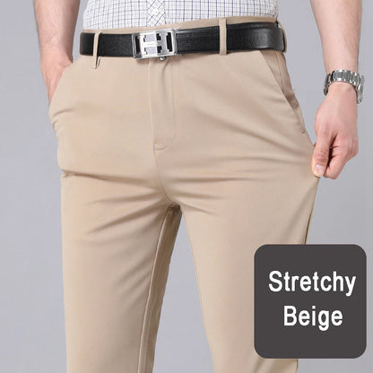 Pantalones casuales elegantes para hombre, elásticos, deportivos, de secado rápido, para primavera y otoño, rectos, de oficina, negros y azul marino.