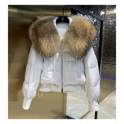 Chaqueta de plumón de invierno a la moda para mujer, abrigo recortado con Cuello de piel de zorro de gama alta