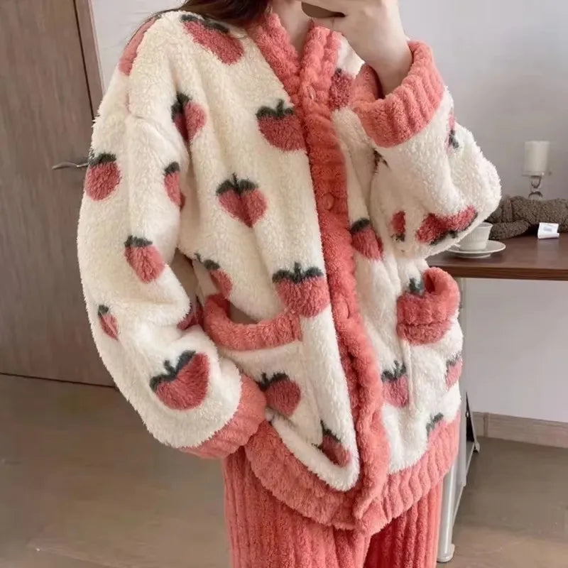 Ropa de dormir con estampado de fresa para mujer, conjunto de pijamas de terciopelo polar de invierno, traje para casa de 2 piezas