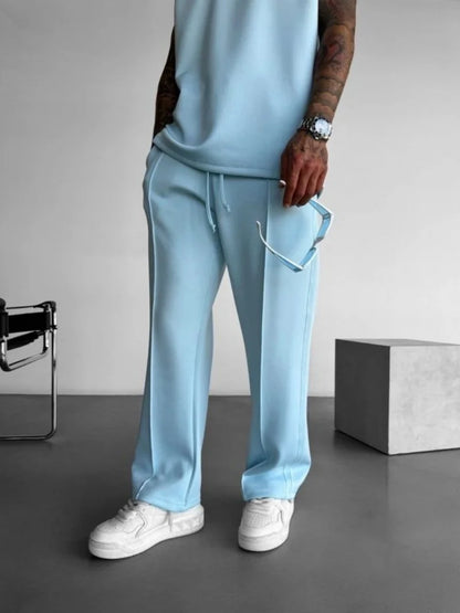 Pantalones casuales nuevos para hombre, elegantes y cómodos, con cintura elástica y cordón ajustable, de una sola línea, plisados, de color sólido, con bolsillos, pantalones de fregona