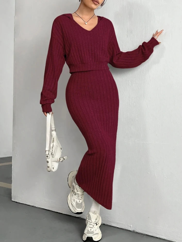 Conjunto de 2 uds. De vestido rojo holgado de punto para mujer