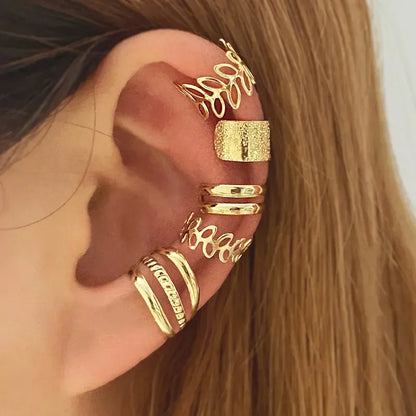 Lot de 5 boucles d'oreilles à clip double en cartilage de feuille de personnalité créative pour femmes