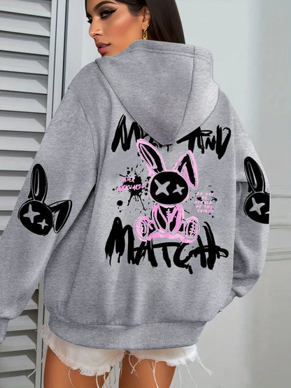 Sudadera con capucha con estampado de conejo de dibujos animados para mujer, ropa informal con bolsillo, Sudadera holgada , ropa femenina de lana que combina con todo