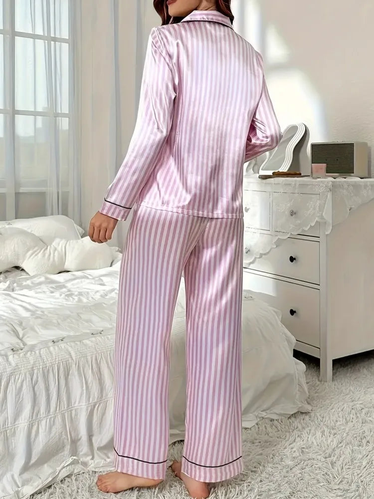 Conjunto de pijamas a rayas para mujer, ropa de dormir de manga larga con botones y pantalones largos