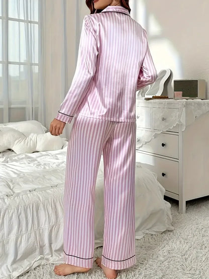 Conjunto de pijamas a rayas para mujer, ropa de dormir de manga larga con botones y pantalones largos