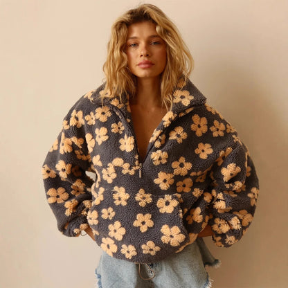 Sudadera de lana floral de moda Sudadera con capucha de manga larga cálida y elegante para mujer Estilo callejero Tela de poliéster Otoño Invierno