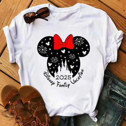 Camiseta de verano nueva de Disney Mickey y Minnie 2025 con estampado boni mujer, camiseta de manga corta, top informal holgadto Y2k para mujer