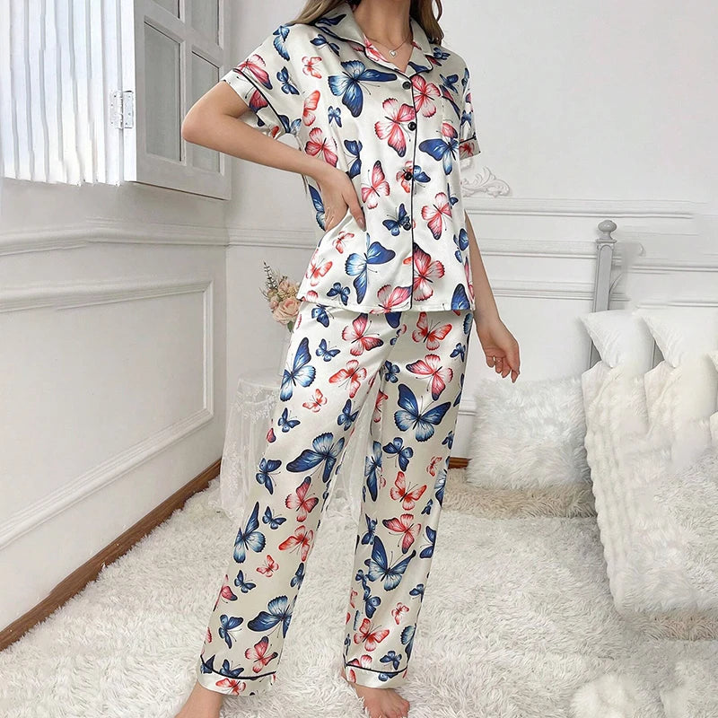 Pijama de satén para mujer, ropa de dormir informal para el hogar, traje de otoño de manga larga con botones, Top y pantalones, ropa