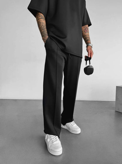 Pantalones casuales nuevos para hombre, elegantes y cómodos, con cintura elástica y cordón ajustable, de una sola línea, plisados, de color sólido, con bolsillos, pantalones de fregona