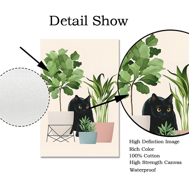 Impresiones artísticas de pared botánicas de gato negro, hojas verdes, plantas, póster bohemio, pinturas decorativas, decoración del hogar para dormitorio y sala de estar
