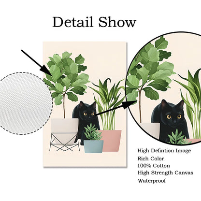 Impresiones artísticas de pared botánicas de gato negro, hojas verdes, plantas, póster bohemio, pinturas decorativas, decoración del hogar para dormitorio y sala de estar