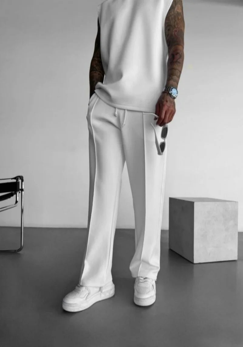 Pantalones casuales nuevos para hombre, elegantes y cómodos, con cintura elástica y cordón ajustable, de una sola línea, plisados, de color sólido, con bolsillos, pantalones de fregona