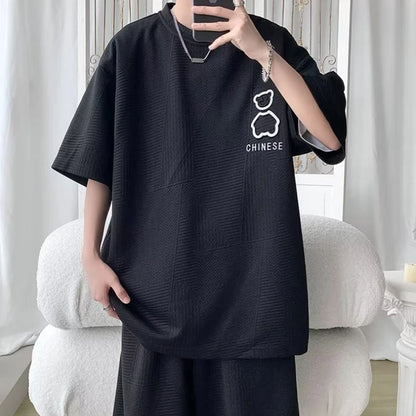 Costume pour hommes nouvelle mode coréenne de haute rue T-shirt short ensemble deux pièces col rétro vêtements de créateurs pour hommes 
