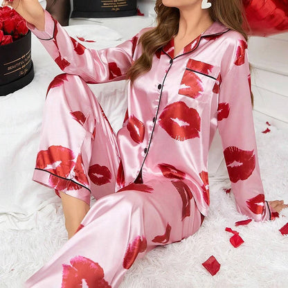 Pijama de satén para mujer, ropa de dormir informal para el hogar, traje de otoño de manga larga con botones, Top y pantalones, ropa