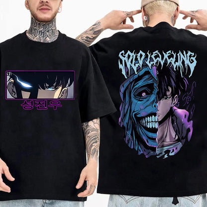 Camiseta de anime japonés Solo Leveling para hombre, camisetas gráficas de dibujos animados de Sung Jinwoo, camiseta Harajuku de manga corta de algodón de alta calidad