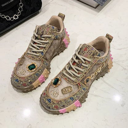 lujosas zapatillas de diamantes de imitación para mujer, zapatos de diseñador vulcanizados de malla, nuevos zapatos casuales de suela gruesa