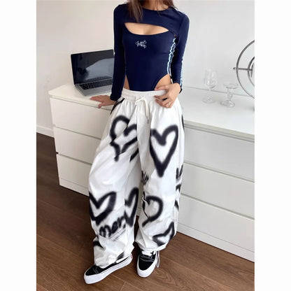 Pantalones de pierna ancha Love  para mujer , ropa de calle elástica de cintura alta, pantalones holgados pantalones de chándal informales